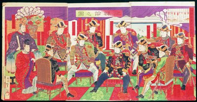 Leidende leden van de Meiji-regering bespreken de invasie van Korea, 1877 (drieluik paneel, kleuren houtsnede) door Utagawa Yoshitaki